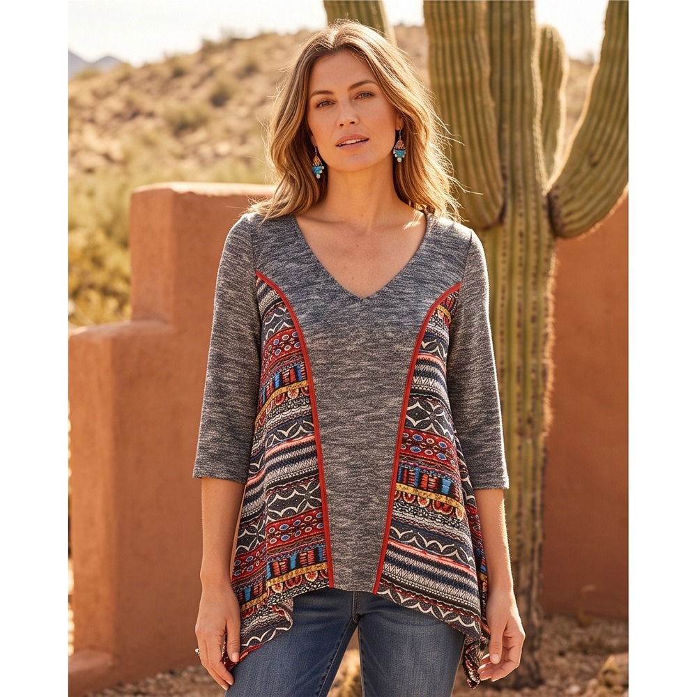 Poeme by Citron M Gray Marled Knit Southwestern Print Sharkbite Tunic Top Medium
